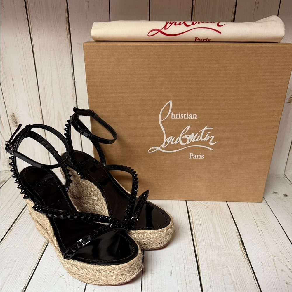Christian Louboutin Mafaldina Spike Platform Espadrille Wedge Black Sz 36 - Picture 2 of 16